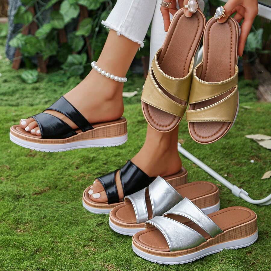 2026新款女士凉鞋，夏季新款厚底坡跟凉鞋，女士交叉绑带沙滩凉鞋，透气平底设计，夏季休闲度假必备，宽楦设计 - 黑色 - 查看 1