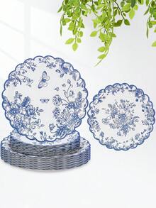 10pcs/20pcs/30pcs Blue And White Floral Paper Plates, 9inch& 7inch Round Scalloped Edge Blue And White Porcelain Style Plates, Chinoiserie Butterfly & Flower Print Disposable Plates, Bridal Shower, Wedding, Tea Party Decorations Men Women - Multicolor - View 1