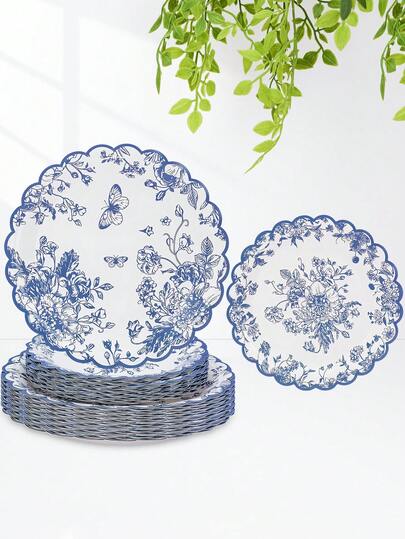 Bộ 10/20/30 đĩa giấy hoa văn xanh trắng, đĩa tròn 9 inch & 7 inch viền lượn sóng kiểu sứ xanh trắng, đĩa dùng một lần in hình bướm và hoa phong cách Trung Hoa, trang trí tiệc cưới, tiệc trà, dành cho nam và nữ.