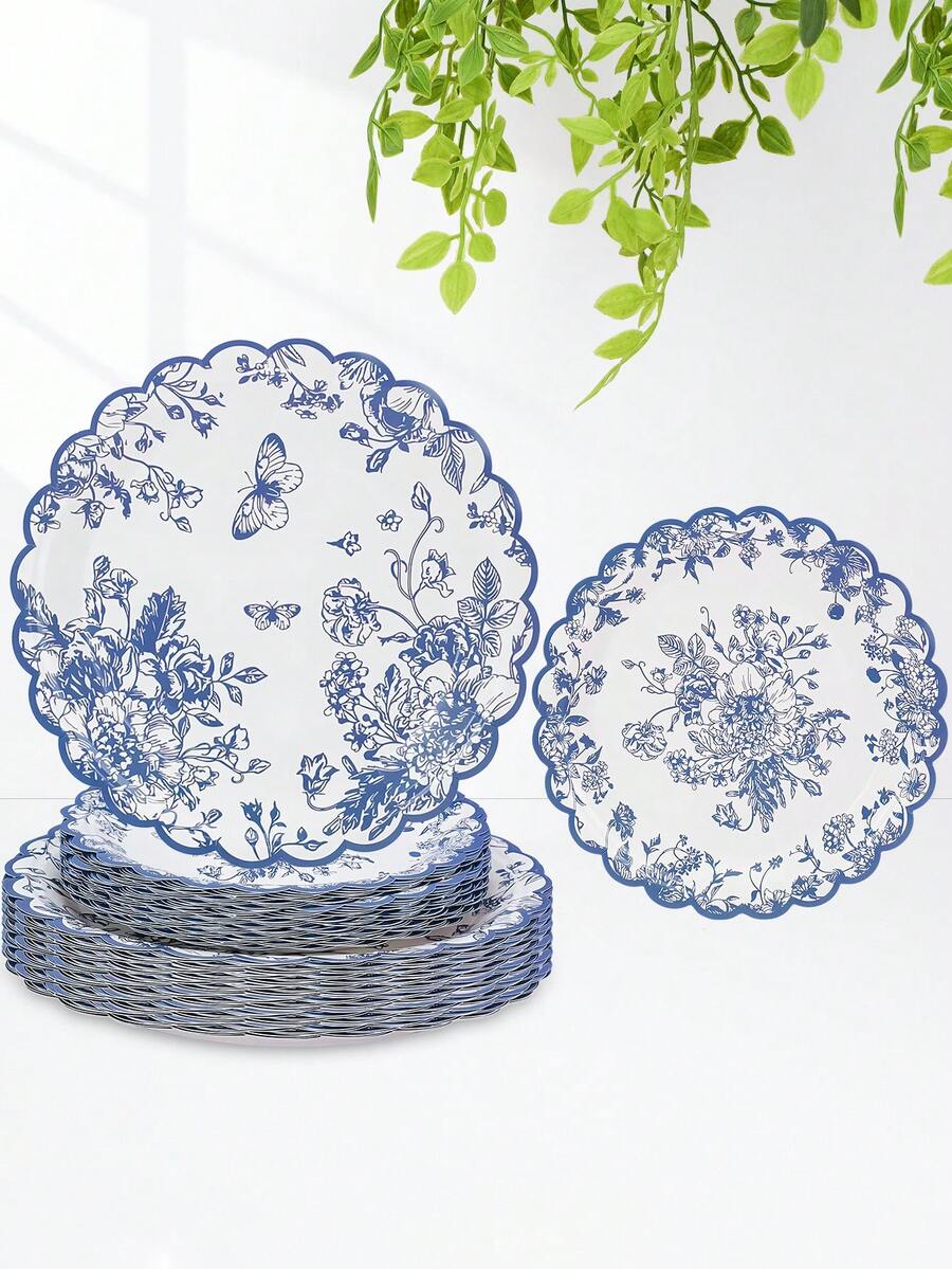 10pcs/20pcs/30pcs Blue And White Floral Paper Plates, 9inch& 7inch Round Scalloped Edge Blue And White Porcelain Style Plates, Chinoiserie Butterfly & Flower Print Disposable Plates, Bridal Shower, Wedding, Tea Party Decorations Men Women - Multicolor - View 1