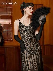 Đầm slip cổ chữ V đính sequin kiểu vintage thập niên 1920, thanh lịch cho các bữa tiệc và sự kiện trang trọng, đám cưới, màu đen. - màu đen - Xem 7