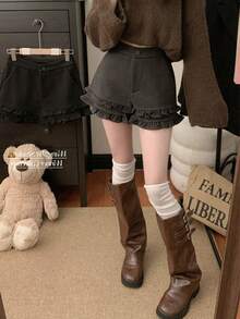 Quần short nữ mềm mại, thiết kế bèo nhún eo và có túi, kiểu dáng thường ngày, thoải mái, phong cách đường phố nhẹ nhàng, nữ tính * Quần ống rộng thoải mái cơ bản, thích hợp cho đi làm, mùa hè - Màu xám đen - Xem 1