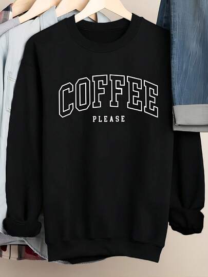 Hoodie For Women Women'S Casual Coffee-Themed Sweatshirt With Round Neck And Long Sleeves Featuring Printed Letters (Directional) (Y2K)2026- Spring, Y2k, Tops, Black Jumper, Maija