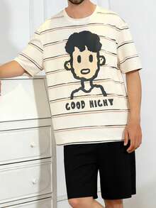 Men's Striped Cartoon Character Print Short Sleeve Shorts Pajama Set, Comfortable Summer Loungewear - Multicolor - View 4