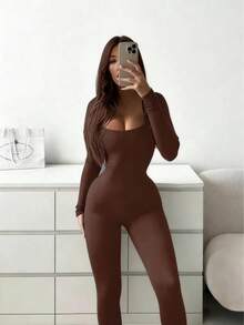 Black U-Neck Long Sleeve Jumpsuit, Suitable For Spring And Autumn Elegant Brown - Brown - View 2