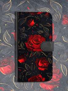 Dark Night Red Roses With Golden Vine Retro Style Pattern, Premium Durable Flip Card Wallet Phone Case, Gothic Romantic Folio Case With Magnetic Clasp, For Halloween, Anniversary Gifts And Women Who Adore Bold Colors & Classic Florals, Compatible With IPhone 17 Pro Max, 17 Pro, 17 Air, 17, 16, 15, 14 Plus, 13, 12 Pro Max, 11, Features Foldable Stand And Credit Card Slots, Waterproof, Shockproof, Drop-Resistant, Scratch-Proof, Full Body Protection. - Black - View 2