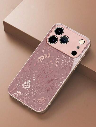 1 pieza Elegante y minimalista Funda de teléfono de lujo y suave con patrón de hoja de oro rosa de material de vidrio compatible con iPhone17/16/15/14/13/12/11Promax/7/8Plus/Xr/Xsmax/6s, S25/S24/S22/S21/S10/A73/A56/A55/A54/A53/A36/A35/A34/A33/A26/A25/A13/A06/S23fe/S23plus/S23ultra, material de vidrio templado de alta gama, versión internacional, no la versión nacional