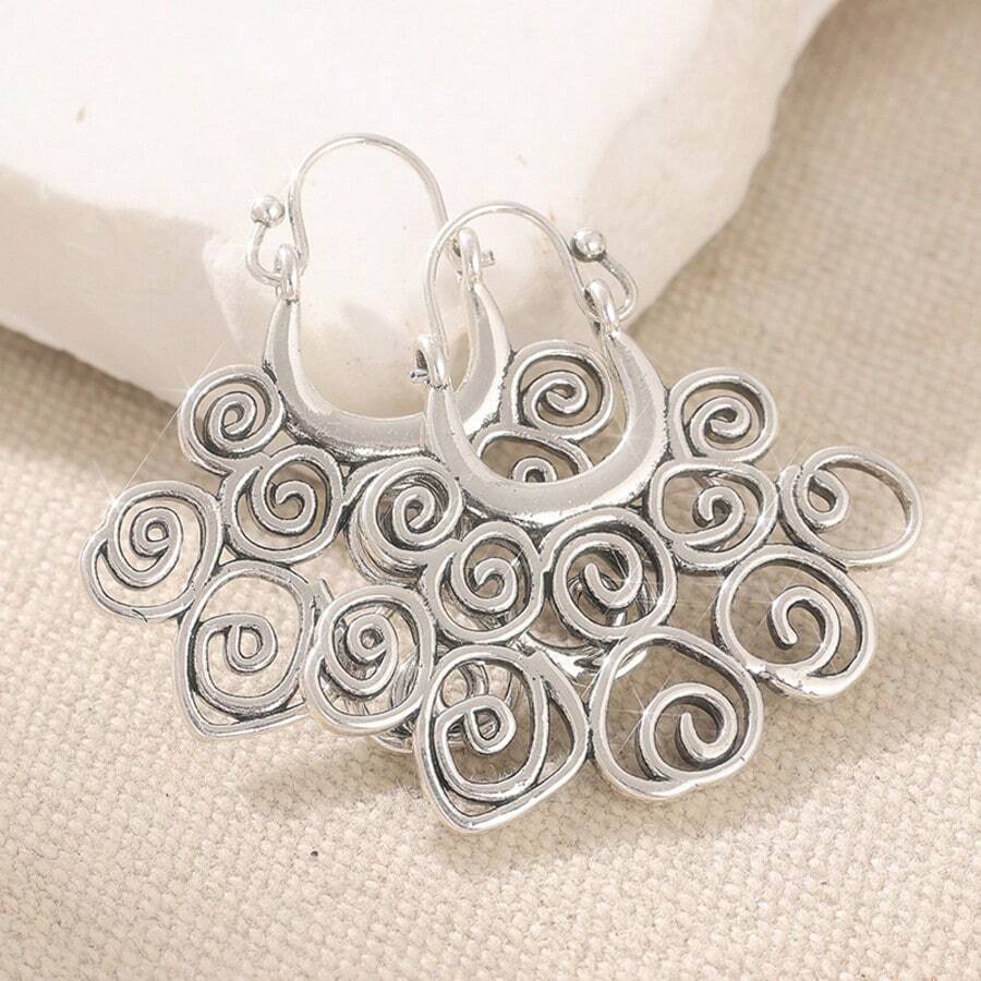 复古镂空圆形银耳环，耳环，女士节日配饰 - 銀色 - 查看 1