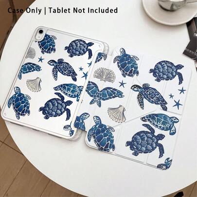 1个亚克力水晶彩绘海龟图案平板电脑保护套，带支架，适用于三星/苹果/荣耀/其他热门机型，可折叠防弯折，硅胶加固边角，自动唤醒/睡眠功能，内置笔槽，多角度可折叠支架 - 完美日常保护，理想礼品