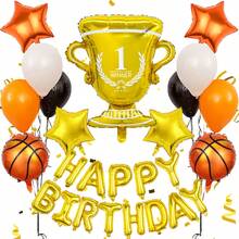 35pcs Basketball Birthday Party Balloon Set, Includes Happy Birthday Banner, Trophy Balloon, Basketball Balloon, Pentagram Balloon, For Basketball Theme Birthday Party Decoration, Sports Party Balloons, Basketball Court Decor, Birthday Decoration, Baby Shower, Sports Game Birthday Party, Home Decor, Boy Birthday, Basketball Gift - Multicolor - View 4