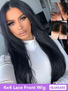 26英寸直发真人发无胶假发，4x4蕾丝，即戴即走，无需胶水，真人发，预先拔毛，预先剪裁，升级版蕾丝前假发，直发4x4无胶蕾丝闭合假发，女士款，150%密度，隐形贴合肌肤，无需胶水，蕾丝前闭合假发，自然黑（8-30英寸） - Natural Black - 查看 6