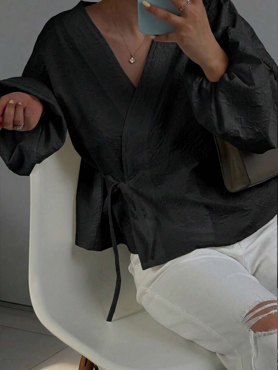 女士独特休闲长袖系带上衣，纯色涤纶系带黑色春季款 - 黑色 - 查看 1