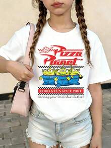 Disney Toy Story Pizza Planet Three Eyed Kids Gather In T-Shirts Print Pattern Summer Tops,Short-Sleeved Casual And Cute Style  Children's Clothing Design, Girl Clothes For Kids ,Ropa Para Niños,Girl Clothes For Kids,Graphic Tee, Summer Clothes,Perfect For Cool Girls. Comfortable And Breathable Children's Short-Sleeved T-Shirt. Comfortable And Casual Wear All Year Round Children's Clothes,Comfortable & Lightweight, Iconic Print For Mix-And-Match Outfits,Suitable For Both Boys And Girls. - White - View 2