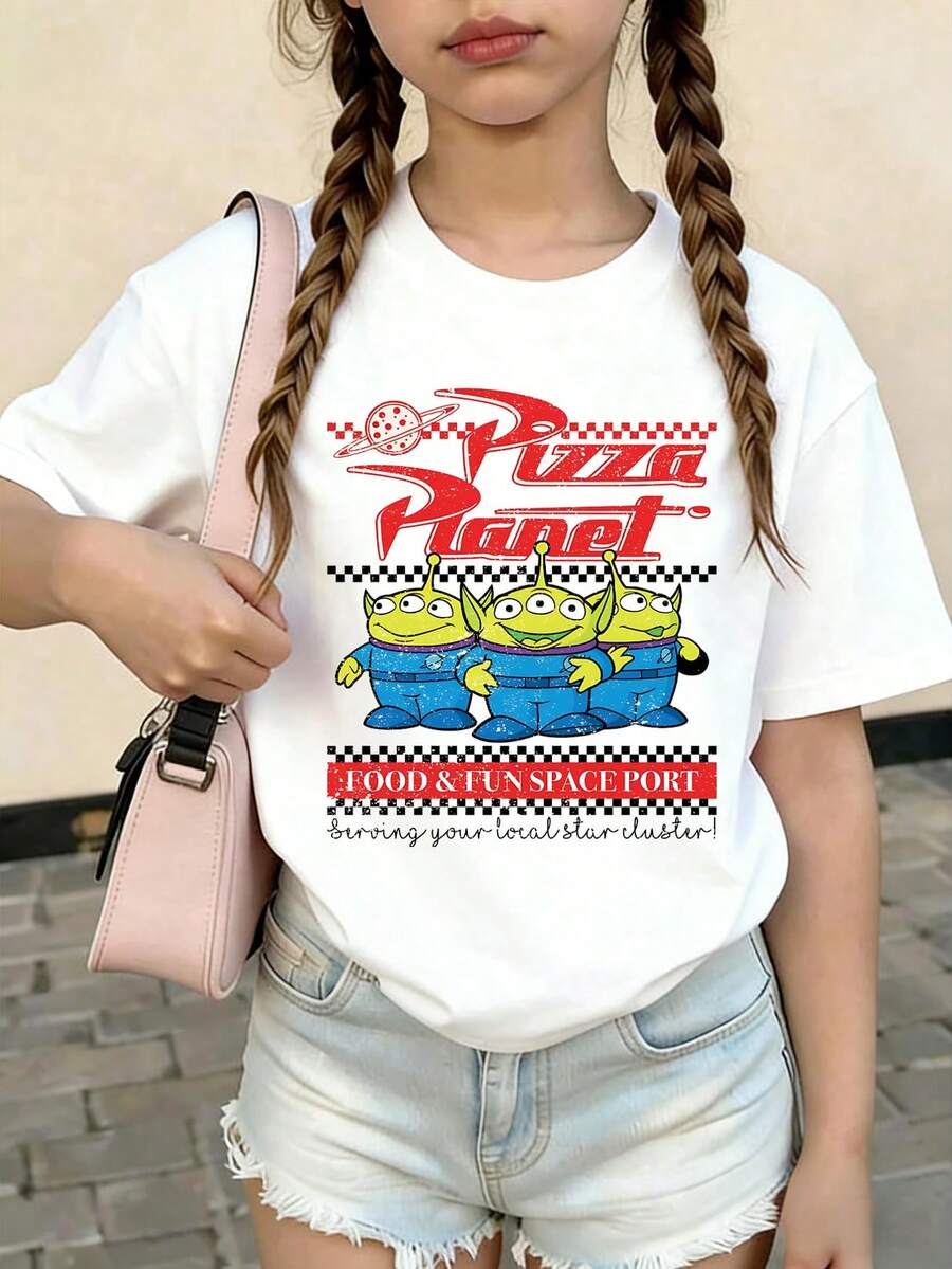 Disney Toy Story Pizza Planet Three Eyed Kids Gather In T-Shirts Print Pattern Summer Tops,Short-Sleeved Casual And Cute Style Children's Clothing Design, Girl Clothes For Kids ,Ropa Para Niños,Girl Clothes For Kids,Graphic Tee, Summer Clothes,Perfect For Cool Girls. Comfortable And Breathable Children's Short-Sleeved T-Shirt. Comfortable And Casual Wear All Year Round Children's Clothes,Comfortable & Lightweight, Iconic Print For Mix-And-Match Outfits,Suitable For Both Boys And Girls. - 白色 - 查看 1