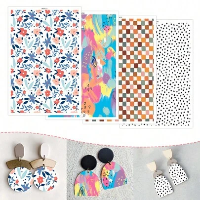 1 Piece Of Flower/Graffiti/Grid/Polka Dot Pattern Transfer Paper, Size 5.82 * 3.93 Inches, Special Polymer Clay Transfer Paper For DIY Art Jewelry Earring Creation