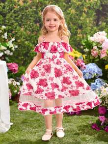 Girls' Rose Print Off-Shoulder Ruffle Hem Camisole Dress, Casual Fashionable Mesh Skirt For Summer - Hot Pink - View 9