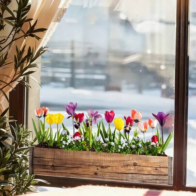 1pc Wooden Flower Box With Colorful Tulips Static Window Sticker, Faux Floral Decor, Countryside Atmosphere Window Decal For Living Room