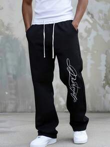 男士休闲宽松直筒运动裤，春秋季 - 黑色 - 查看 1