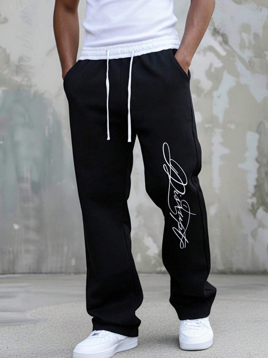 男士休闲宽松直筒运动裤，春秋季 - 黑色 - 查看 1