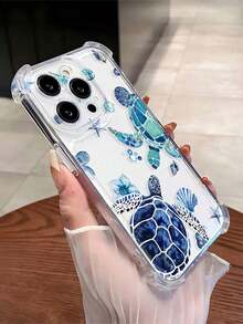 1pc TPU Material Ocean Element Sea Turtle, Starfish, Flower, Shell Pattern Shockproof Transparent Phone Case, Suitable For IPhone 16/16 Pro Max/15 Plus/14/13/12/11/7/8 - Clear - View 4