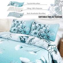 Blue Floral Quilt Set Queen 3 Pieces Boho Flower Quilt Coverlet Set Soft Microfiber Lightweight Floral Quilted Bedspread with 2 Pillow Shams for All Season 90"x96" - Agua - Ver 5