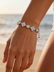 18K Gold/Silver Plated Full Diamond Four-Leaf Clover Bracelet, Bohemian Style Golden Summer Beach Vacation Stainless Steel Delicate Adjustable Chain Bracelet For Women - Gold - View 6