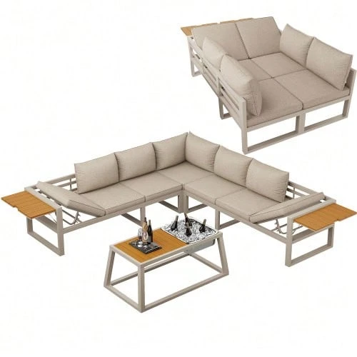 Modular Outdoor Sofa Set With Adjustable Backrest, Folding Armrests And Metal Ice Bucket, 10 Cm Thick Cushions For Terrace, Balcony, Poolside, Grey/Beige - 米色 - 查看 1