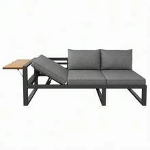 Modular Outdoor Sofa Set With Adjustable Backrest, Folding Armrests And Metal Ice Bucket, 10 Cm Thick Cushions For Terrace, Balcony, Poolside, Grey/Beige - 灰色 - 查看 8