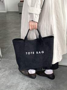 复古大容量女士手提包，字母印花简约设计，通勤百搭 - 黑色 - 查看 5