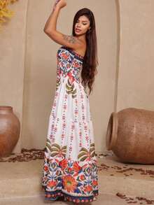 Vestido Longo PALMEIRAS Tomara que Caia Estampa Floral com Babado - Multicolorido Palmeiras - Visão 6