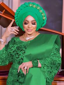 1pc Royal Blue Satin Braided Gele Turban For Women, Rhinestone Embellished African Headwrap For Wedding & Party Occasions - A - 查看 11