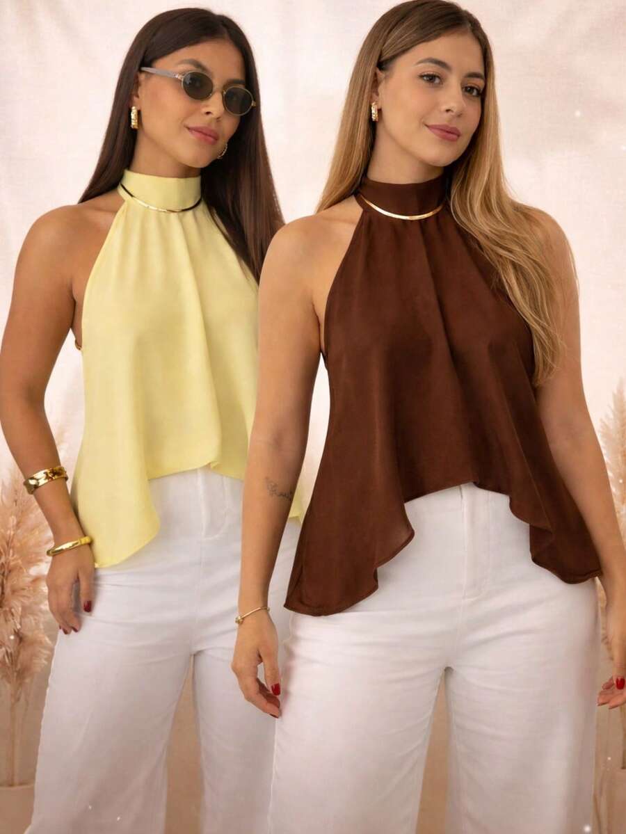 Women's Blouse With High Neck And Asymmetrical Neck Tie - 黃棕色 - 查看 1