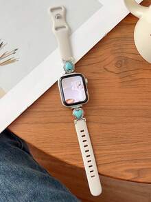 1條復古心形綠松石拼接矽膠錶帶，適用於Apple Watch 38mm 40mm 41mm 42mm 44mm 45mm 49mm，女款波希米亞風手鍊錶帶，適用於 Series 11 Ultra 3 SE3 Ultra 2 S10 SE2 9 8 7 SE 6 5 4 3 2 1 - 杏色 - 查看 2