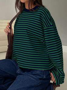 SDNGED 女士休闲上衣，条纹撞色罗纹面料，适合春秋季日常穿着 - 墨綠色 - 查看 4