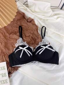 Belle Étoile 1PCS Pure And Cute Underwear Set, Women's Small Bust Gathering And Lifting Wireless Comfortable Lace Bra, Suitable For Daily Wear, Perfect For Giving To Besties, Friends, Or Lovers, The Most Sincere Gift - 黑色 - 查看 5