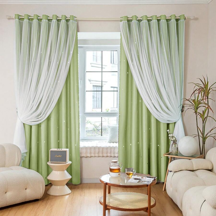 1pc Hollow Star Curtain, Polyester Lace Double-Layer Curtain, Darkening Curtain For Living Room & Bedroom, Cute Style - 淡綠 - 查看 1