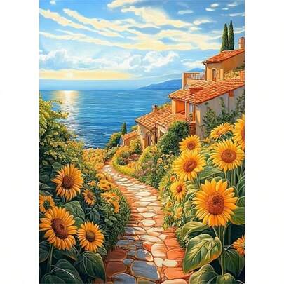 新款5D DIY钻石画套装 - 向日葵海滨小镇，圆形人造钻石马赛克艺术品（不含画框），创意手工家居装饰，复活节圣诞节礼物
