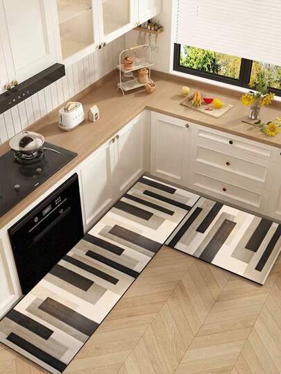 1pc Retro Mosaic Pattern Silica Gel Kitchen Mat, With Warm-Toned Brown, Beige, And Light Gray Geometric Blocks Resembling Piano Keys, Minimalist Yet Natural Texture. Luxury Fashion Kitchen Mat, Cushioned Anti-Fatigue, Surface Fabric, Middle Sponge Absorbent, Bottom Rubber Non-Slip