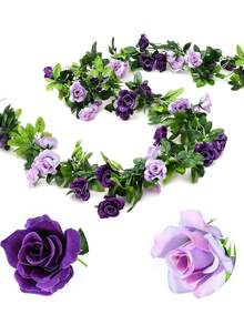 2 dây hoa hồng tím nhân tạo, vòng hoa lụa treo trang trí, thích hợp trang trí nhà cửa, sân vườn, tường, phòng, cổng cưới, phông nền tiệc sinh nhật, bàn tiệc, lều, gương, vòng hoa mùa xuân. - Màu tím - Xem 2