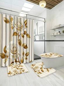 1/4pcs 3D Rose Print Waterproof Shower Curtain With Hooks - Machine Washable Polyester Bathroom Partition - A - View 14