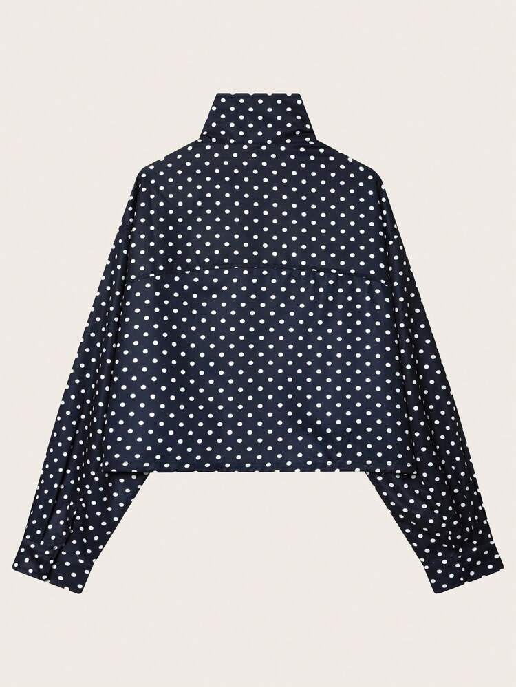 Polka Dot Stand Collar Long Sleeve Jacket, Suitable For Spring And Autumn - Navy Blue - View 2