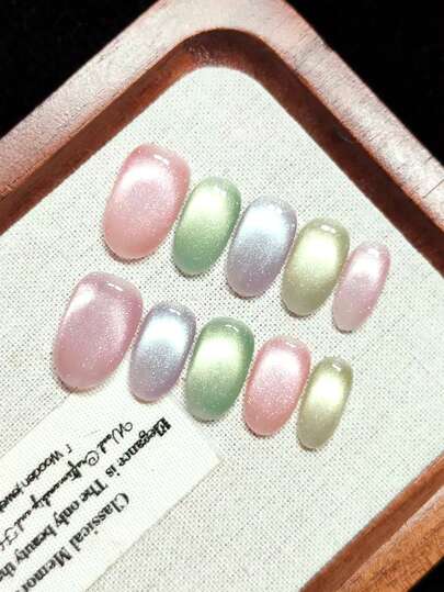 Uñas postizas desechables, uñas hechas a mano, forma ovalada corta, estilo francés ojo de gato de dopamina, brillo metálico, degradado multicolor, efecto de brillo de cuentas de vidrio, estilo de moda brillante y dulce, fresco y soñador, reutilizables