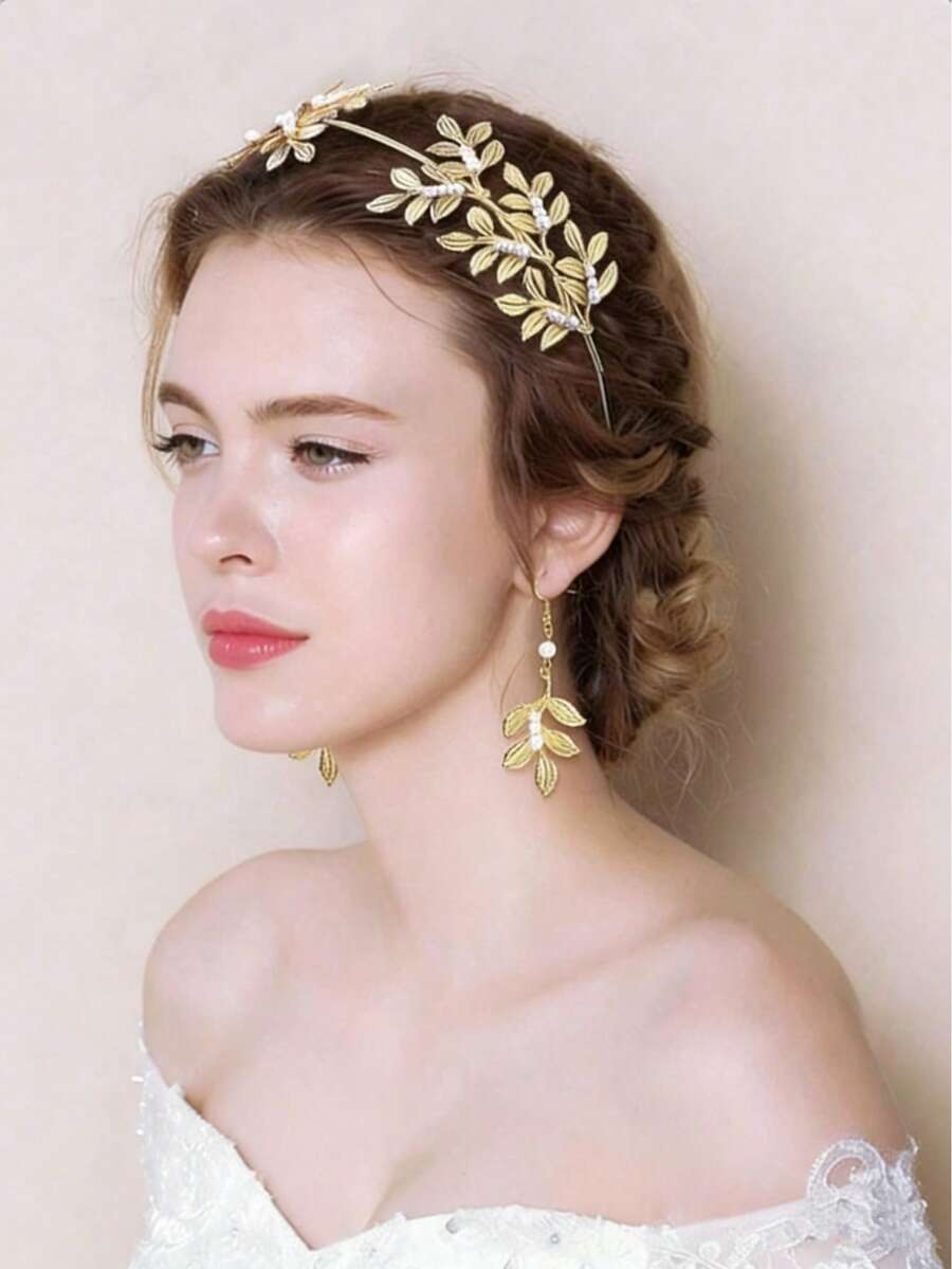 Bộ trang sức nữ thần 7 món, bao gồm băng đô lá, vòng tay lá, vòng tay hở, bông tai ngọc trai, thích hợp cho phụ nữ mặc hàng ngày, đám cưới, lễ đính hôn. - 7 chiếc - Xem 1