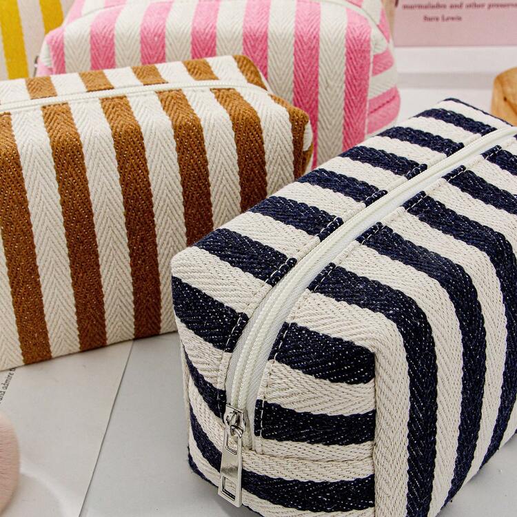  Personalized Striped Canvas Makeup Bag Small Cosmetic Organizer Portable Toiletry Bag Travel Wash Bag Zipper Storage Pouch For Girl Daily Skincare Beauty Essentials Organizer - Multicolor - View 3