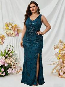 Plus Size Sequin Dress, Deep V-Neck Slit Dress, Mermaid Evening Gown, Slim Fit Formal Party Dress, Elegant Sexy Cocktail Dress Wedding Spring - Blue - View 4