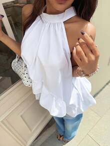 EARO 女士时尚白色露背荷叶边吊带背心，宽松褶皱夏季吊带背心，优雅百搭 - 白色 - 查看 5