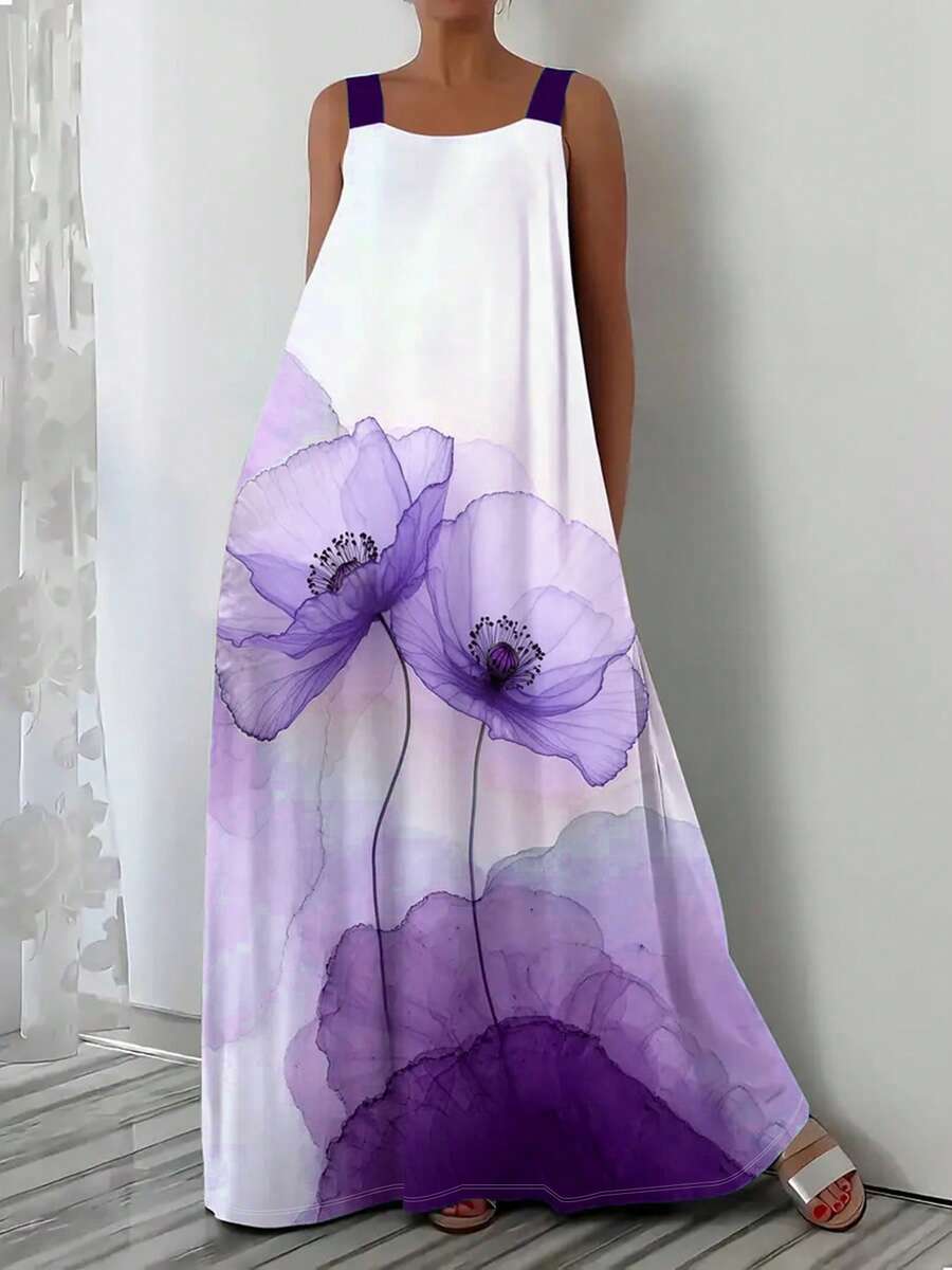 Floral Print Spaghetti Strap Vacation Dress Elegant Summer - Dark Purple - View 1