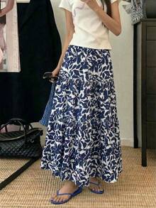 Vestido largo de moda para mujer EARO, estampado de hojas, tela no elástica, adecuado para uso casual, elegante y estiloso para vacaciones de verano - Azul Marino - Ver 1