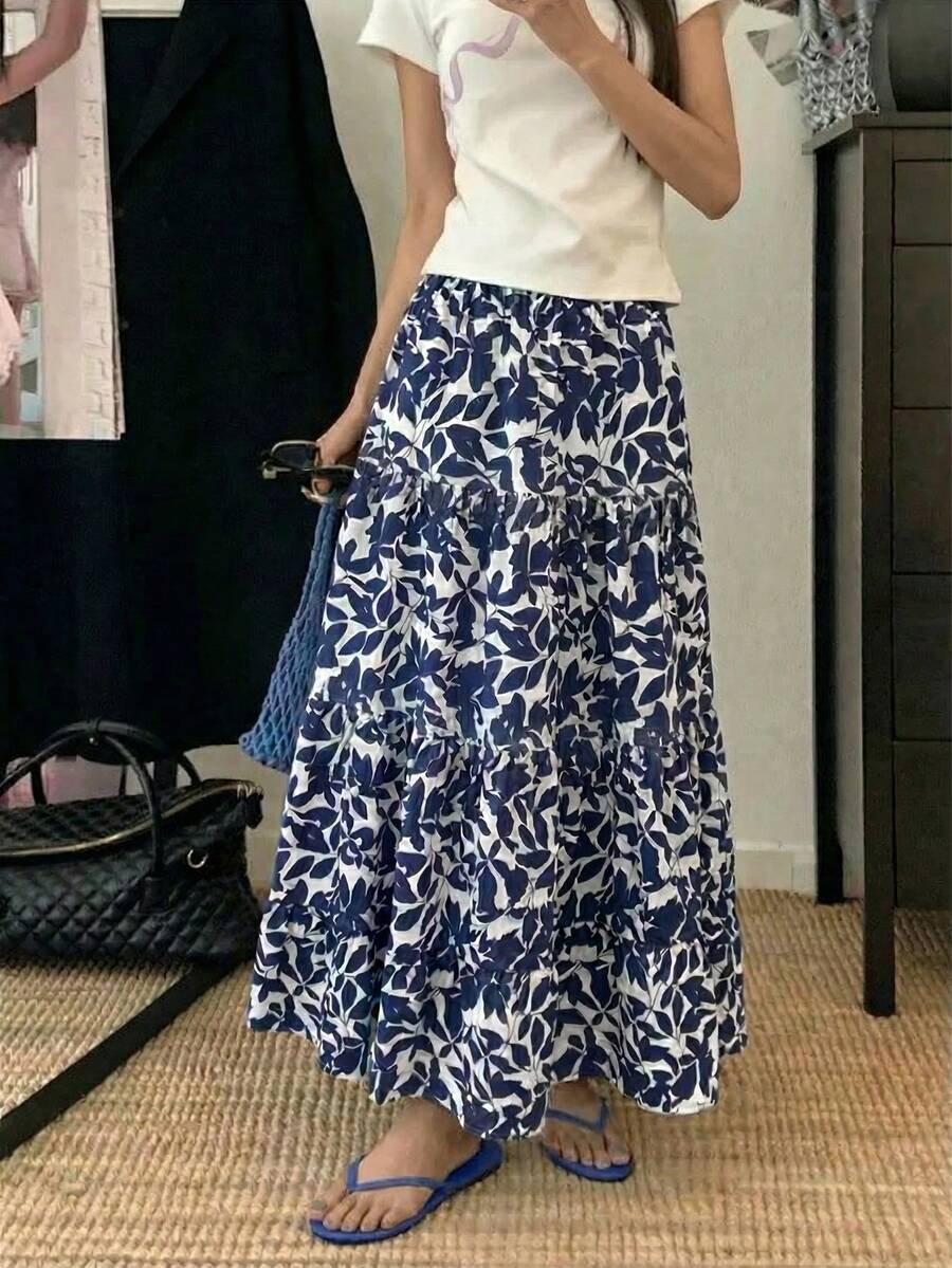 Vestido largo de moda para mujer EARO, estampado de hojas, tela no elástica, adecuado para uso casual, elegante y estiloso para vacaciones de verano - Azul Marino - Ver 1