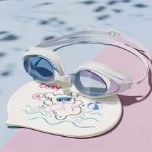 成人及儿童可爱白色小狗图案泳帽，防水护耳泳帽，男女通用 - 白色 - 查看 4